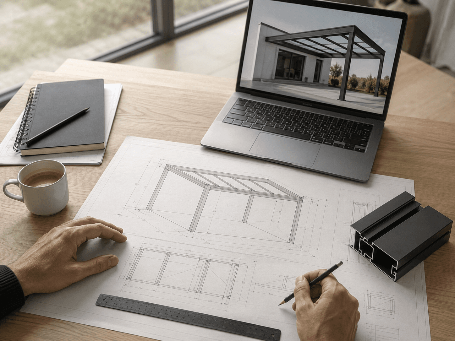 Planung: technische Zeichnung der Terrassenüberdachung, 3D-CAD-Modell am Laptop und Aluminiumprofil