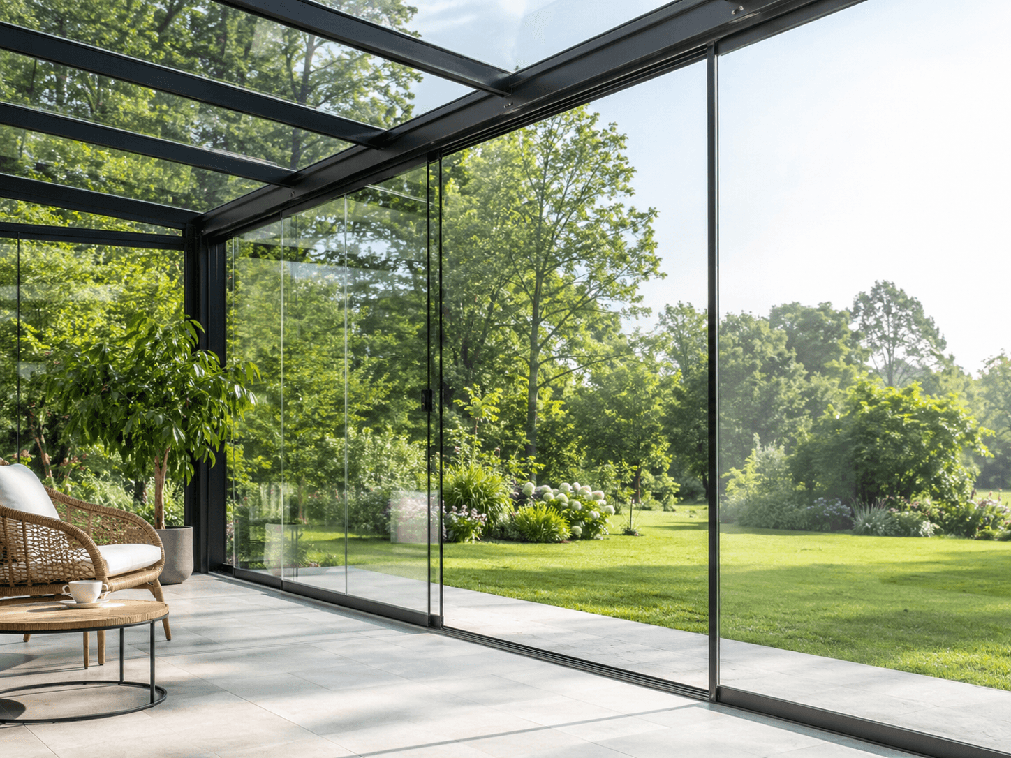Glasschiebewände an einer Terrasse mit Blick in den grünen Garten